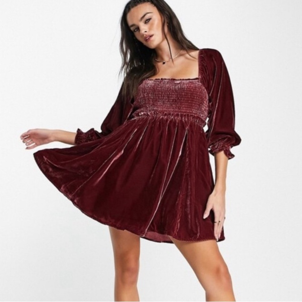M, S, XS Free People Daphne Velvet Mini Dress Burgundy NWT
